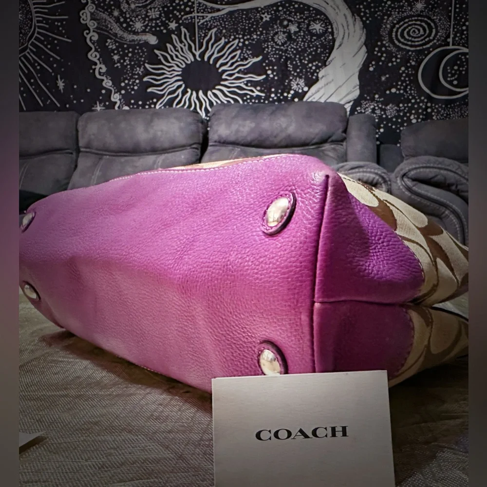 Vintage Coach purple Pink leather and Tan Signature Tote Bag shoulder bag 2009 - Picture 15 of 17